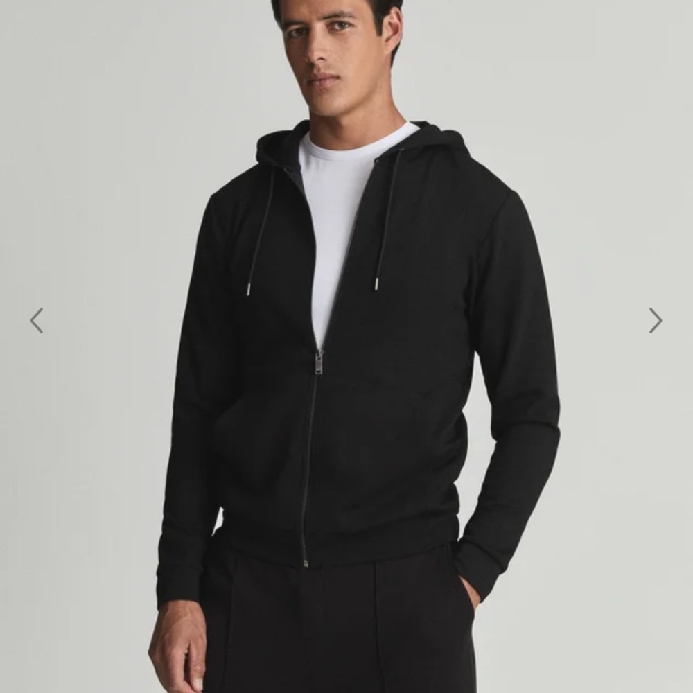 REISS LONDON BLACK HARRISON ZIP DRAWSTRING HOODIE SWEATSHIRT